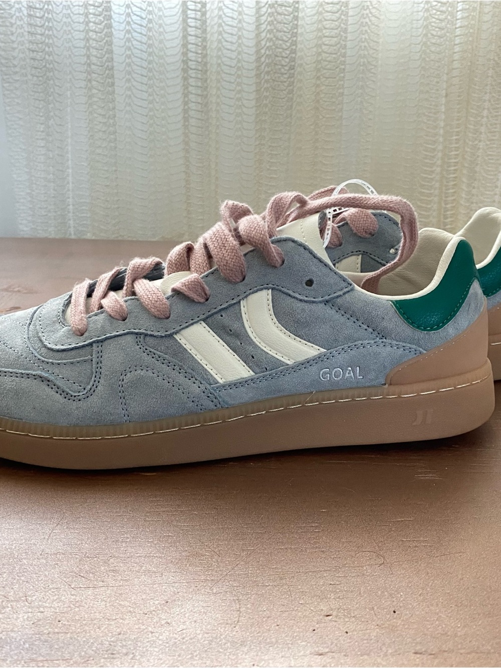 Coolway Kids Suede Sneakers in Light Blue with Pink Laces and Green Heel
